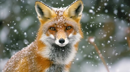 Fototapeta premium Red fox close-up in a snowy forest setting showcasing winter wildlife and natural beauty with snowflakes falling around.