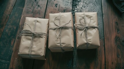 Handcrafted gift packaging on rustic wooden table with natural twine for a festive and personalized presentation