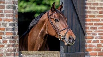 Fototapeta premium Racehorse gazing curiously through a stable door framed by rustic brick walls in a vibrant outdoor setting.