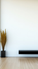 Modern minimalist interior design with a sleek planter and empty wall space