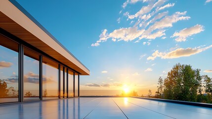 Fototapeta premium Rooftop Carport with Reflective Glass Panels Capturing the Beauty of Nature at Sunset