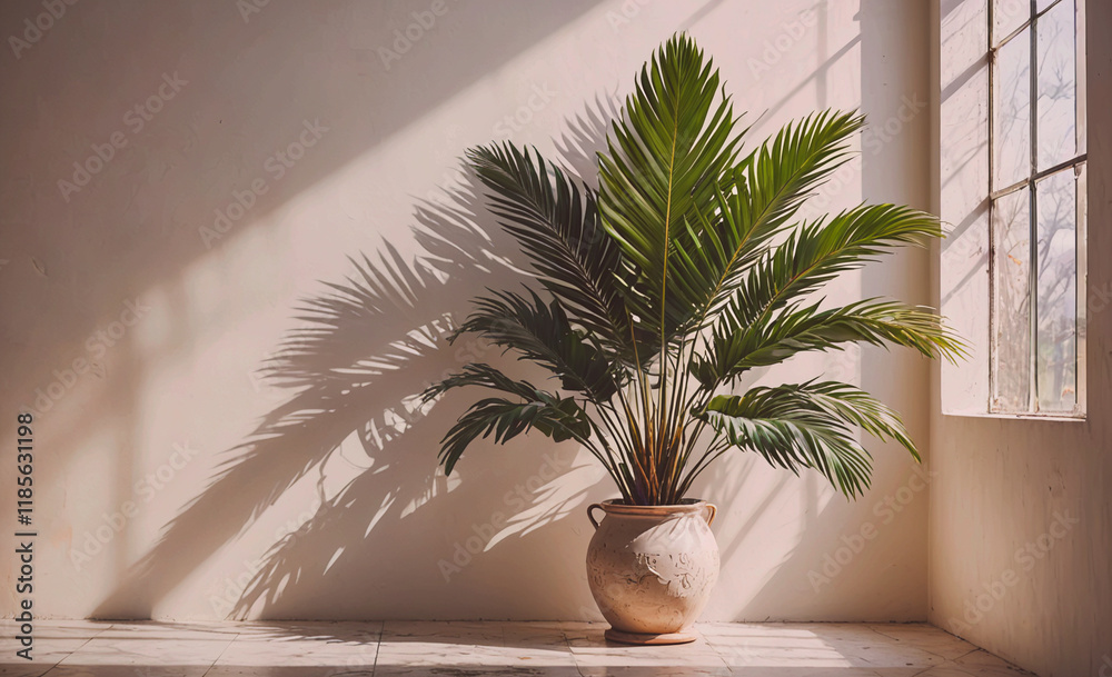 Poster large palm tree is sitting in a large vase. the vase is on a white tile floor