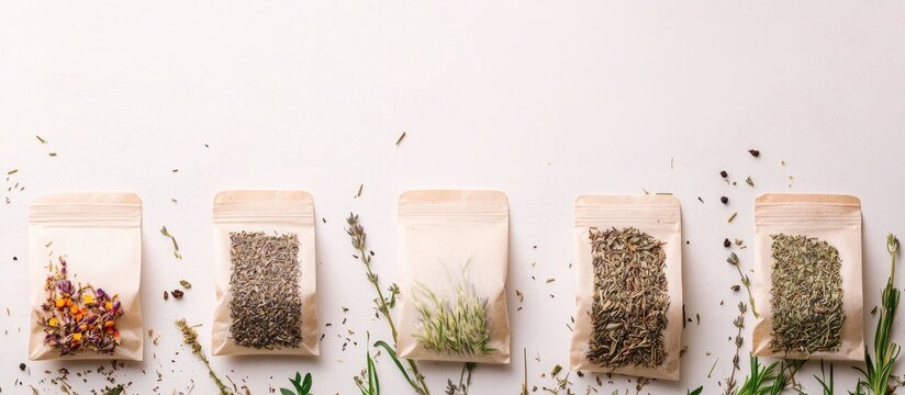 Herbal tea teabags with dry herbs displayed on a neutral background showcasing natural ingredients and blank space for custom text