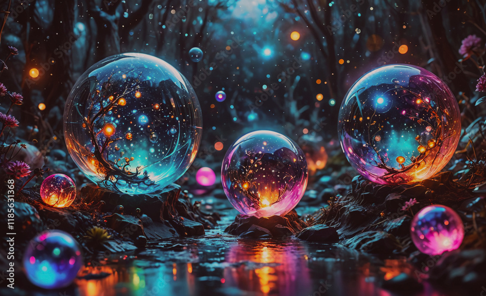 Poster Three colorful glass spheres are floating in a river. The spheres are illuminated by a light source. The spheres are of different sizes and colors
