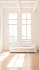 Fototapeta premium Bright and airy living room with white sofa and large windows during daylight hours