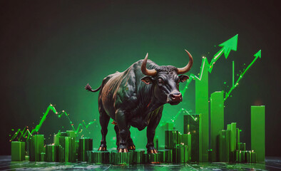 Bull is standing in front of a green background with a green line going up. The bull is surrounded by green pillars