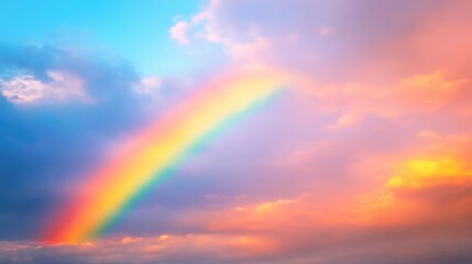 Fototapeta premium Vibrant rainbow arching across a colorful sky at sunset with soft clouds creating a serene and magical atmosphere.