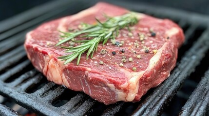 Fototapeta premium Fresh raw steak seasoned with herbs grilling outdoors on a barbecue, showcasing culinary preparation and outdoor cooking experience.