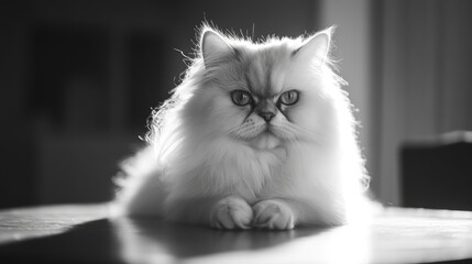 Elegant Persian cat lounging on a table with soft lighting highlighting its majestic fur and unique features in a serene monochrome setting