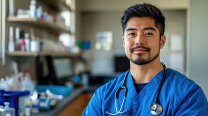 Veterinarian in blue scrubs smiling confidently in a modern clinic with medical supplies in the background showcasing a professional environment