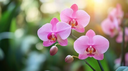 Vibrant pink Phalaenopsis orchids blooming in a lush tropical garden with soft sunlight illuminating the floral background.