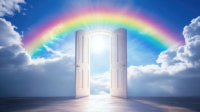 Open door revealing a vibrant rainbow against a bright sky symbolizing hope and new beginnings