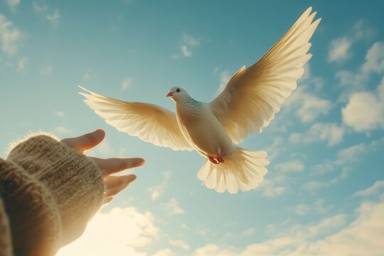Dove Soaring Against a Blue Sky Symbolizing Peace and Hope for Martin Luther King Jr. Day. Generative AI