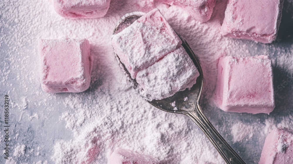 Canvas Prints Pink homemade marshmallows dusted with powdered sugar beside a vintage metal spoon on a textured surface