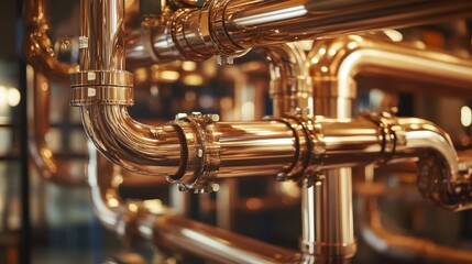 Detailed view of newly installed shiny copper pipes in an industrial boiler room showcasing modern plumbing infrastructure