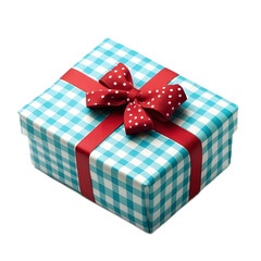 Festively Wrapped Gift Box with Polka Dot Bow on Checkered Background