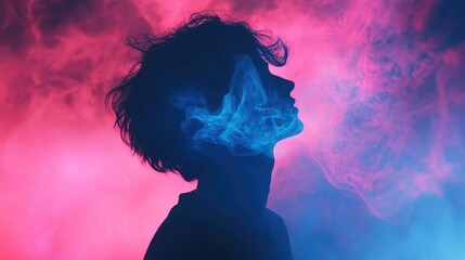 Individual silhouette surrounded by a vibrant blue and pink aura glow amidst colorful smoke and ethereal lighting effects