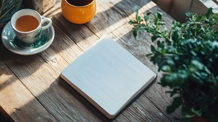 Blank Open Book on Wooden Table with Coffee Cup and Potted Plant in Cozy Sunlit Setting