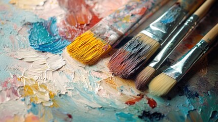 Obraz premium Artistic brush close-up with vibrant paint textures showcasing creativity and artistic expression in a colorful palette of oil paints.