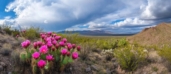 Obraz premium Vibrant pink flowers of a gymnocalycium cactus flourish in a stunning desert landscape showcasing the beauty of nature in bloom
