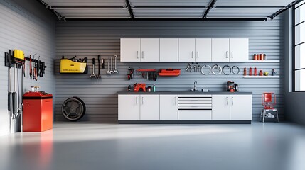Well organized Private Garage Workshop with Custom Cabinetry for Efficient Tool and Equipment Storage  Tidy Functional and Practical Design for DIY Enthusiasts and Mechanics