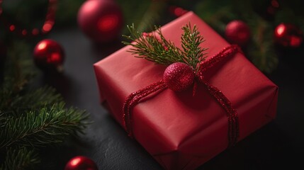 Festively wrapped New Year gift in red paper adorned with green branch and decorations on a dark background for holiday celebrations