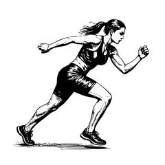 woman running sketch engraving black and white outline. Scratch board imitation.