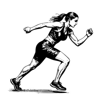 recommend clip art: woman running sketch engraving black and white outline. Scratch board imitation.