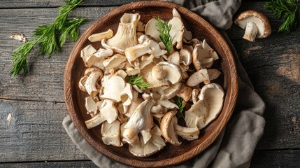 Fototapeta premium Freshly harvested raw mushrooms displayed in a natural wooden bowl on rustic wooden background showcasing their textures and colors.