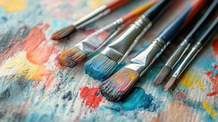 Obraz premium Colorful paintbrushes arranged on an artistic background showcasing vibrant watercolor textures and hues for creative inspiration.