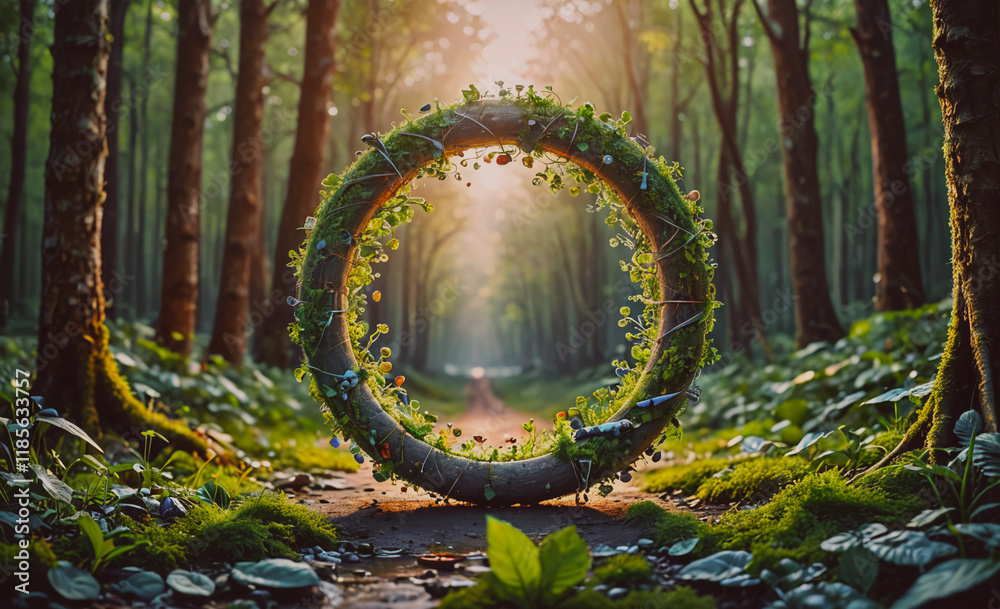 Poster large green circle with plants growing out of it. the circle is surrounded by trees. the circle is i