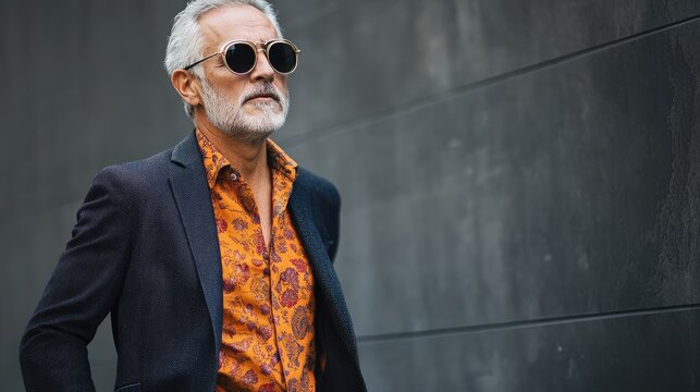 Stylish senior man in sunglasses and trendy attire showcasing modern lifestyle and confidence with space for your text and branding
