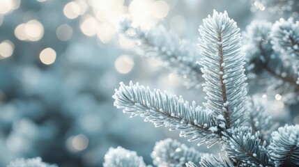 Delicate snow over fir branches creating a serene winter atmosphere with blurred lights ideal for Christmas and seasonal themes