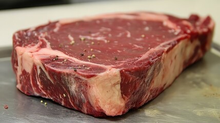 Raw tomahawk beef steak with seasoning on a metal surface ready for grilling or cooking in a gourmet kitchen setting