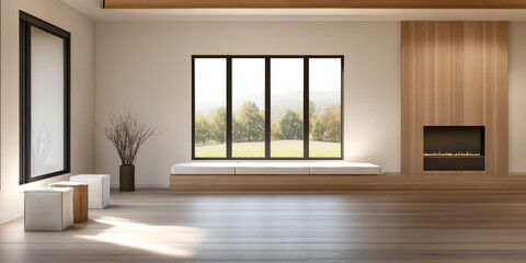 Obraz premium Modern minimalist living room with large windows and natural light in a serene setting