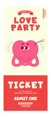 Colorful vintage love party ticket. Lovely and cute heart character in retro groovy style. Details events, barcode, date, time. Valentines day, February 14. Vertical vector illustration