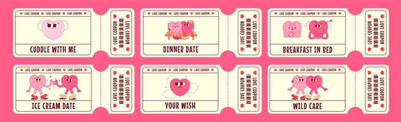 Love coupon set with heart characters in retro groovy style. Valentines day, February 14 and other holiday. Horizontal vector illustration with quote, barcode
