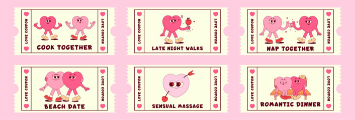 Love coupon set with cute hearts character in retro groovy style. Valentines day, February 14 and other love holiday. Horizontal vector illustration with quote