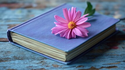 Open purple notebook decorated with a pink flower resting on its pages on a rustic wooden background