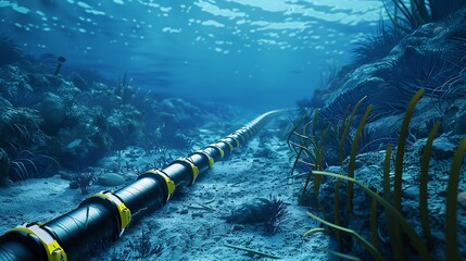 An underwater scene featuring a long cable or pipeline on the ocean floor.