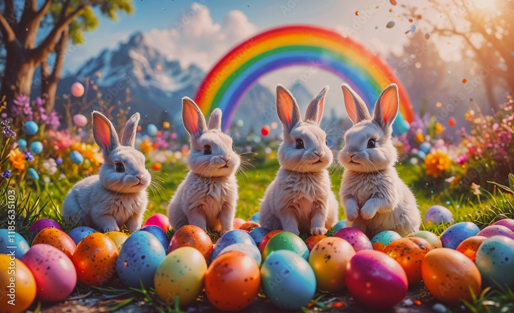 Poster four white rabbits are sitting on a field of easter eggs. the eggs are in various colors, including 