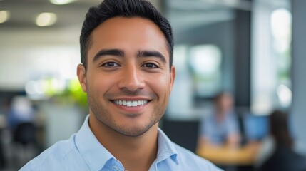 Obraz premium Professional male call center agent smiling confidently in modern office environment showcasing customer service excellence and teamwork.