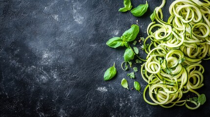 Zucchini noodles with fresh basil on a textured dark background showcasing healthy eating concepts and raw ingredients for culinary inspiration