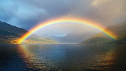Colorful Rainbow Arching Over Serene Lake Surrounded by Majestic Mountains Under Dramatic Cloudy Sky