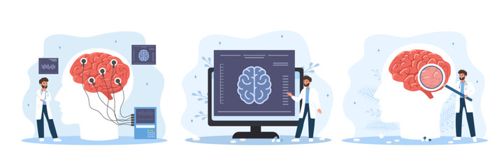 Neurologist concept. Man in medical uniform diagnoses and monitors treatment of brain diseases. Neurology check up. Set of Vector illustrations in flat cartoon style.