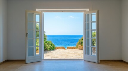 Bright Open Doorway Showcasing Serene Room with Expansive Sea View and Lush Greenery in the Background