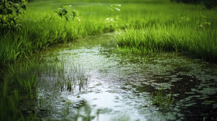 Fototapeta premium Murky water surrounded by lush green grass in a tranquil rice field within a national park ecosystem