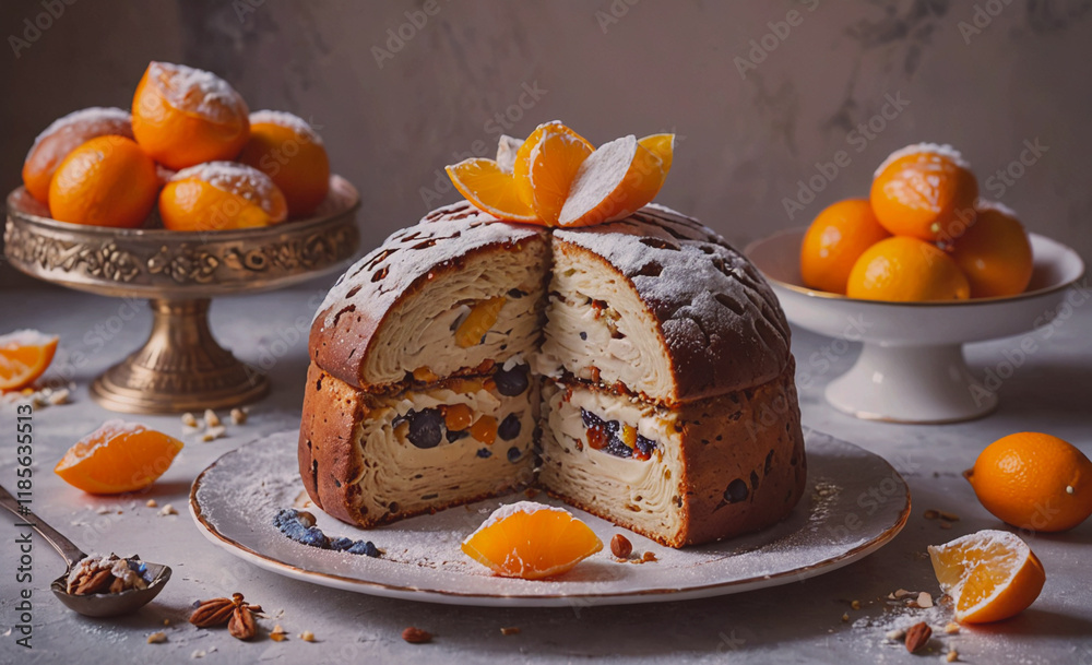 Poster Cake with a slice missing is on a white plate. The cake is decorated with powdered sugar and has a few oranges on top. There are also oranges on the table, some of which are sliced and others whole