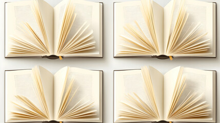 A collection of square hardcover books, both closed and open, set against a white background