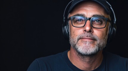 Obraz premium Professional male IT technician wearing a headset with glasses in a studio setting against a dark background showcasing a tech-savvy vibe